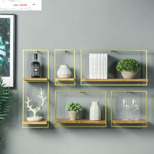 Metal Wall Shelf Golden Background Wall Decoration Frame Iron Shelf Living Room Wooden Shelves Wall Cabinet Home Storage Rack