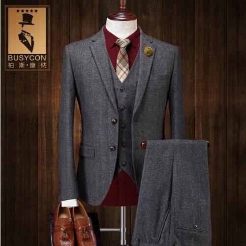 Herringbone Wool Suit Mens 3 Pieces Grey Retro Tuxedo Business Bridegroom Stage Costumes For Singers ( Blazer + Vest + Pants )