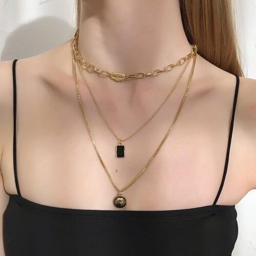 Simple style necklace women mix and match geometric multi-layer chain square brand coin pendant snake bone chain necklace women