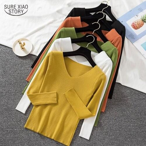 Long Sleeve V-neck Slim Knit Jumper Sweater Autumn Chic Rainbow Gentle Pullover Sweater Winter Casual Solid Women Clothes 16214
