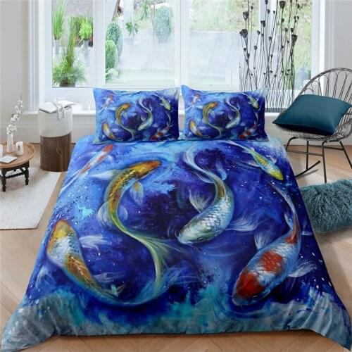 Luxury 3D Koi Carps Printed 2/3Pcs Bedding Set Golden Lucky Fish Pattern Duvet Cover Pillowcase Home Textile Queen and King Size
