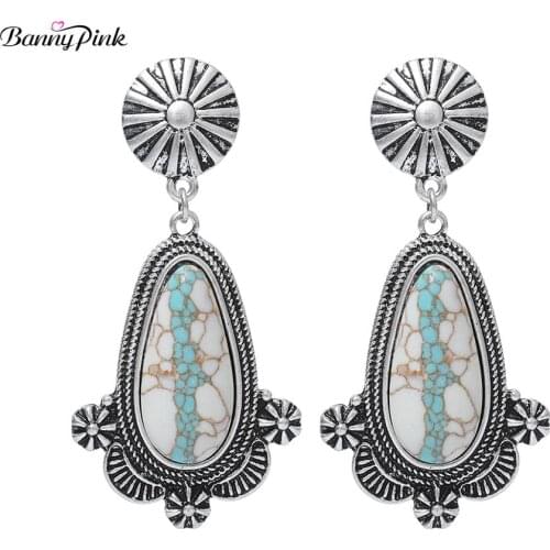 Banny Pink Bohemia Turquoises Earrings For Women Vintage Waterdrop Stone Pendant Stud Earrings Ethnic Geo Statement Earrings