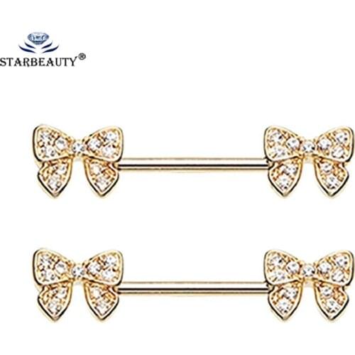 Starbeauty 1 Pair Cute Crystal Bowknot Nipple Ring Barbell Nipple Piercing Earring Surgical Steel Helix Piercing Nipple Jewelry