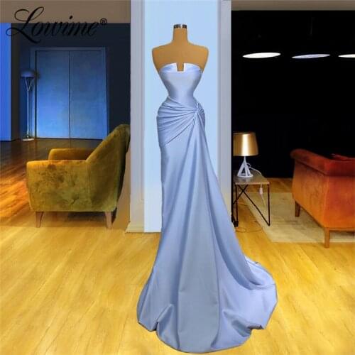 Simple Blue Satin Party Dresses 2020 Saudi Arabia Formal Dubai Strapless Evening Gowns Kaftans Robe De Mariee Aibye Prom Dress
