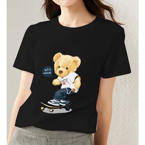 Womens T-shirt Commuter Top Cartoon Skateboard Teddy Bear Pattern Series Printed Classic O-neck T-shirt Fashion Ladies Soft Top