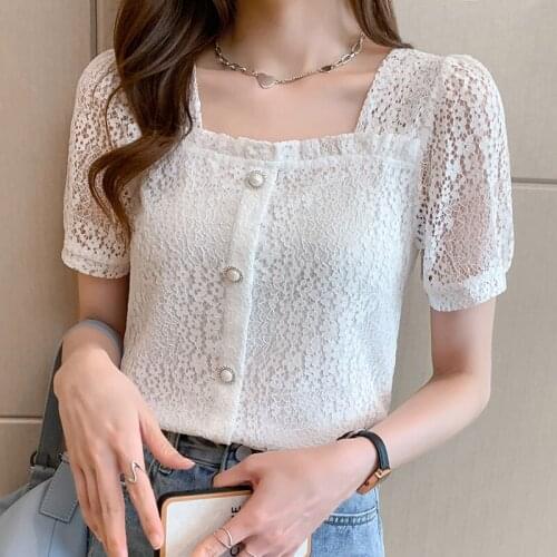 Summer New 2021 Square Collar Lace Women Shirt Short Sleeve Women Tops Blouse Lace Hollow Out Top Single Breasted Clothing 14409