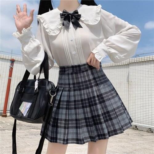 OLOMLB Soft Sweet Harajuku Long-Sleeve Peter Pan Collar Shirt Womens + Summer Fashion Japanese Style Plaid Pleated Skirt