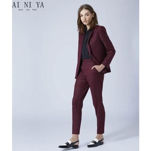 Women Suits Office Lady Two Pieces Sets Burgundy Elegant Single Button Turn-down Collar Blazers And Full Length Trousers