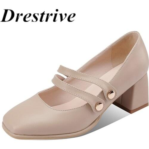 Drestrive PU Leather Square Toe Mary Janes Button 2021 Summer Women Pumps Thick High Heels Khaki Shallow Big Size 43