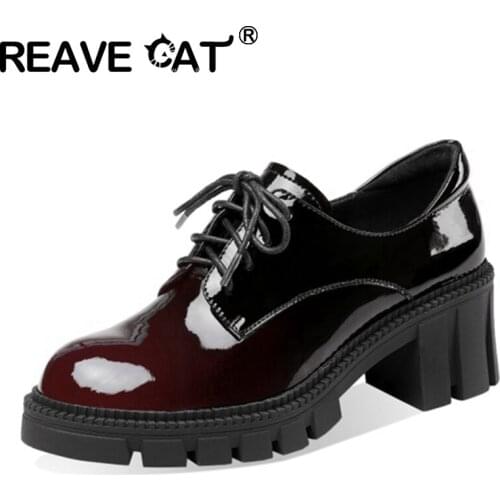 REAVE CAT New 2021 Women Pumps Round Toe 6cm Block Heels Patent Leather Thick Bottom Platform Gradient Soft Casual Summer A3528