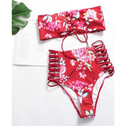 2019 Sexy Womens Floral Printing Off Shoulder Bandeau Lace Up High Waist Bottom Two Peices Swimsuit Bathing Suit