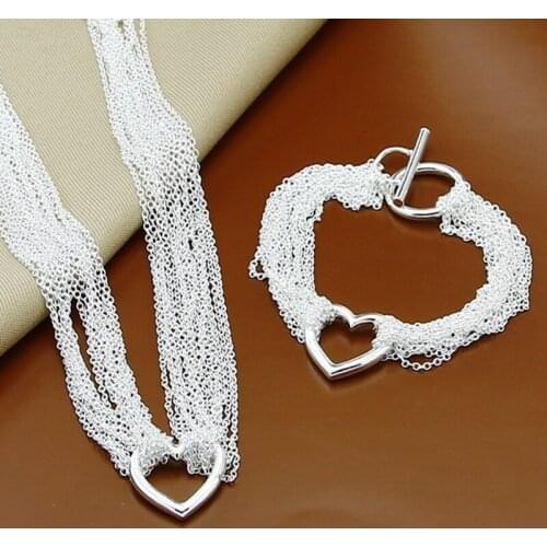 2019 Hot Fashion 925 Sterling Silver Jewelry Sets Love Heart Chain Necklace Bracelet Set for Women Lady Jewelry