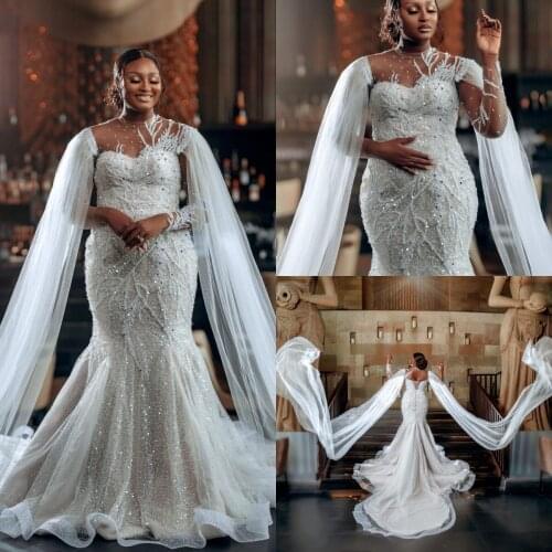 Plus Size Mermaid Wedding Dresses Bridal Gowns With Wrap Lace Appliqued Beaded High Neck Long Sleeve Vestido De Noiva