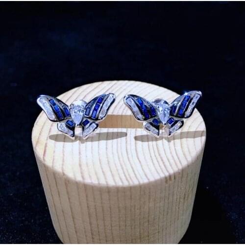 Cute romantic 925 sterling silver with cubic zircon butterfly stud earring blue red color fine women & girl jewelry