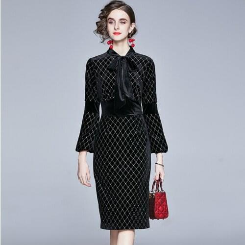 BLLOCUE 2020 Women Autumn winter Black Velvet Temperament Long-Sleeved High-Waist Bow Bright Silk Chic Elegant Long Dresses