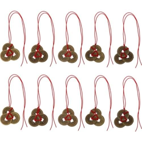 10Pcs Chinese Fortune Coins Feng Shui Coins I-Ching Coins Kit Traditional Coins with Red String for Wealth and Success