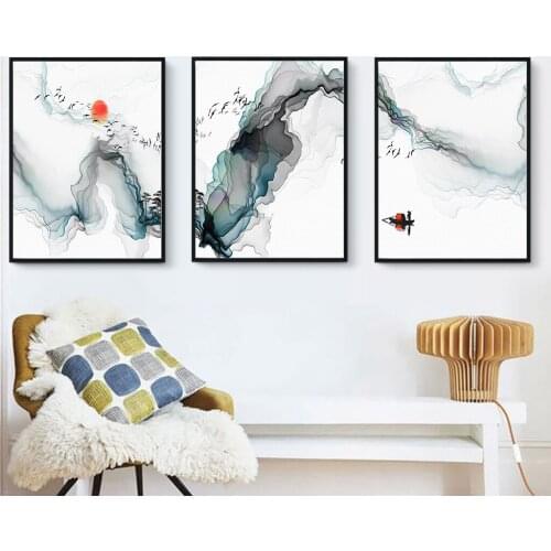 Chinese Ink Landscape Abstract Painting Simple Three Combination Decorative Living Room Fresco Hotel Porch Hallway Canvas Art
