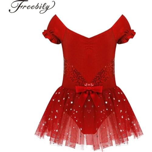 Kids Girls Ballet Dancewear Shiny Sequins Short Sleeves Dance Gymnastics Ballet Leotard Tutu Dress Ballerina Party Costumes
