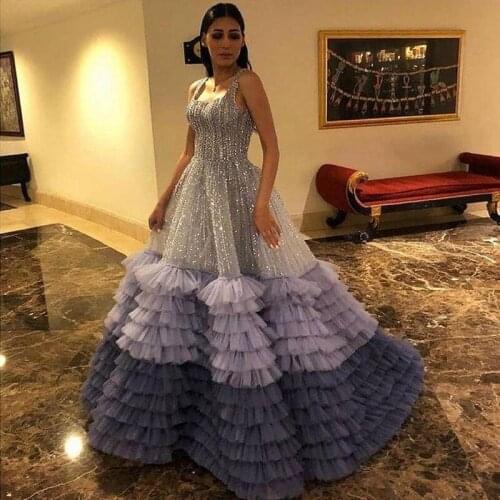 Sequined Beading Prom Dresses Purple Cake Skirts Tiered Celebrity Party Dress Square Sequins Evening Gowns Teens Vestidos