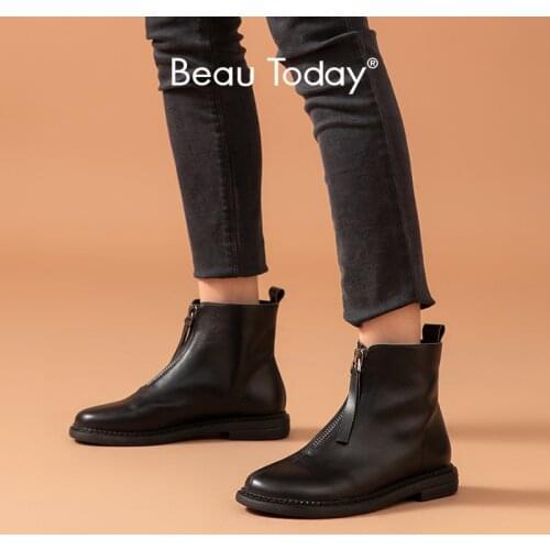 BeauToday Ankle Boots Women Genuine Cow Leather Front Zipper Sewing Round Toe Autumn Fashion Lady Flat Shoes Handmade 03694