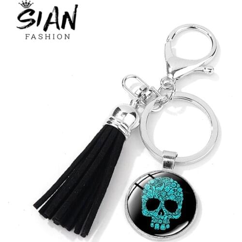 SIAN Mexican Traditional Sugar Skull Art Patterns Keychain Day of The Dead Punk Skull Glass Dome Tassel Key Ring Gothic Trinkets