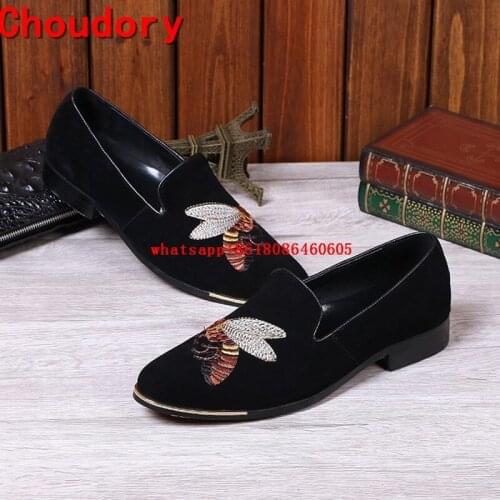 Choudory Luxury Brand Fashion Men Velvet Smoking Slippers Shoes British Mens Flats Bee Embroidery Loafers Dress Shoes Size12