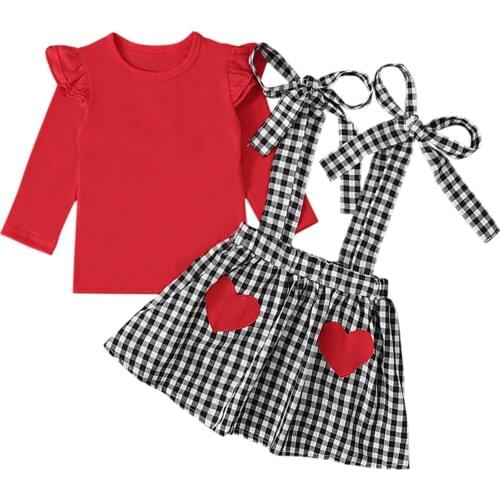 Children Girl’s Skirt Two Pieces Suit Fashion Solid Color Long Sleeve T-shirt and Plaid Bow Suspender Skirt 2021 New Outfits