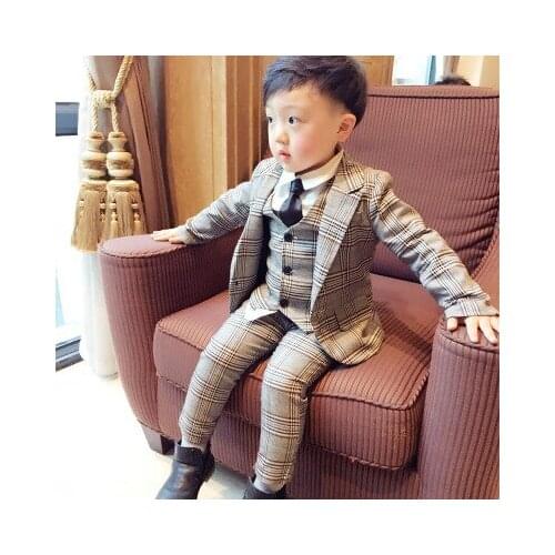 2018 lattice Kids Blazer Baby Boys Suit Jackets Formal Coat+ Pants+vest 3Piece Boy Suits Formal For Wedding Chlidren Clothing