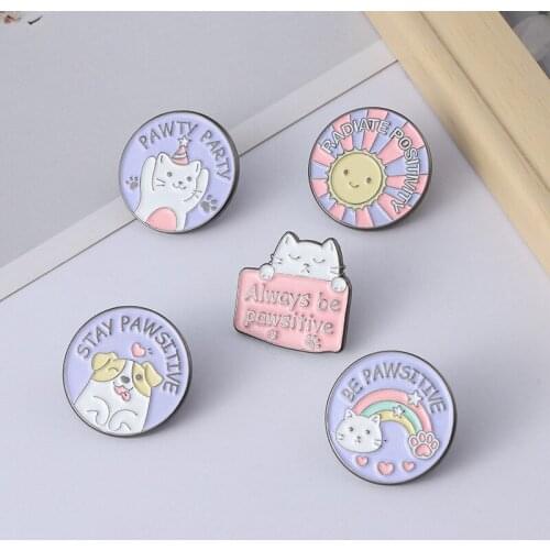 Cat Dog Enamel Pins Badge Round Sun Paw Brooches For Women Cute Backpacks Lapel Pin Cartoon Anime Metal Jewelry Gift Wholesale