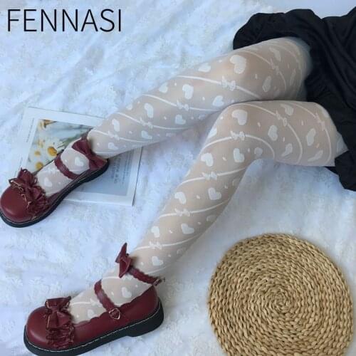FENNASI White Lolita Socks Love Twill Bow Tights Summer Thin Section Pantyhose Female Cute Lolita Stockings