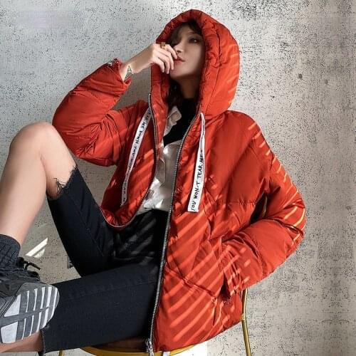 HXJJP Hooded White Duck Down Jacket Womens Winter 2021 New High Quality Printing Plus Velvet Drawstring Short Down Coat