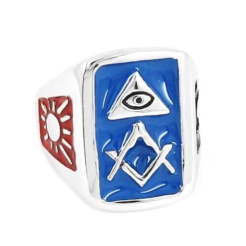 Illuminati Pyramid Eye Symbol Masonic Ring Stainless Steel Jewelry Blue Freemasonry Ruler Sun Moon Star Mason Biker Ring R0442BA