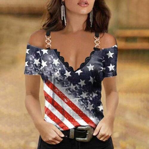 Lace Summer Women Clothing 2021 Casual Independence Day Print Sexy Fashion V-neck Camisole Off Shoulder Hollow Sleeve T-shirts