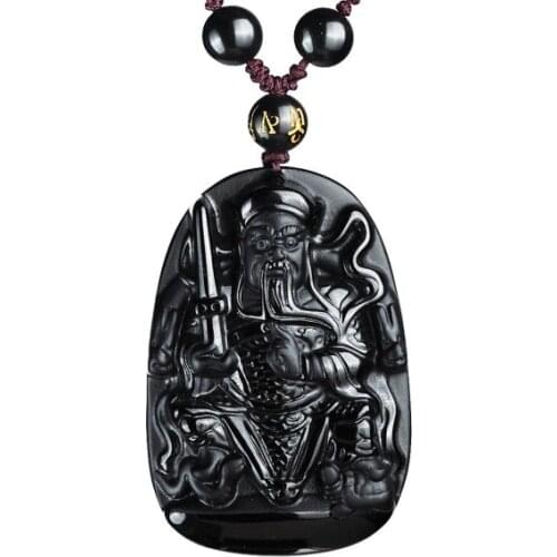 Natural Black Obsidian Beads Necklace Hand-Carved Guan Yu Jade Pendant Fashion Jewelry for Man Amulet Gifts