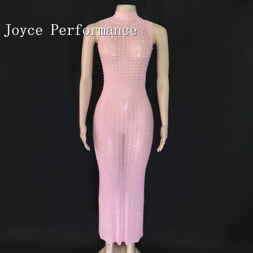 Sexy Pink Mesh Sleeveless AB Rhinestones Dress Birthday Celebrate Canonicals Female Singer Dance Evening Performance Dress