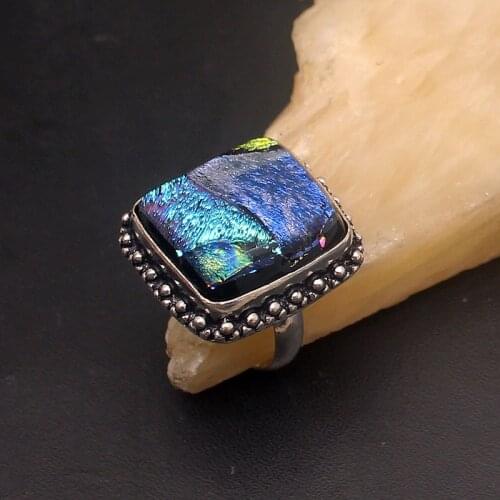Rainbow Beautiful Jewelry Dichroic Glass Silver Color Jewelry Band Ring For Women Men Size 9 HD236