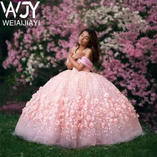 Pink Ball Gown Flower Girl Dresses for Wedding 2020 Off Shoulder Beaded Kids Wedding Girls Pageant Dress First Communion Tulle