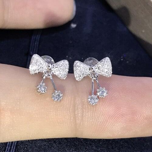 Bling Zircon Stone SS925 Silver Color Bowknot Cute Stud Earrings for Women Fashion Jewelry 2020