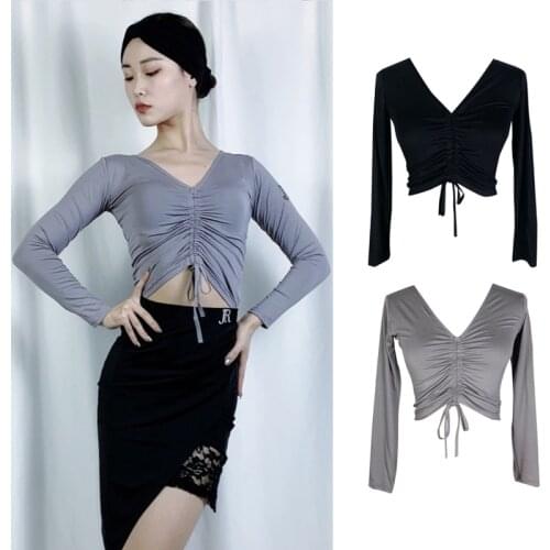 Latin Dance Tops For Women Drawstring V-Neck Long Sleeve Latin Practice Clothes Modern Samba Salsa Dance Costume Ladies DNV14493