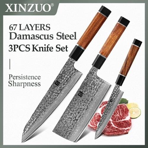XINZUO Damascus Steel 3PCS Kitchen Knives Sets with North America Desert Ironwood Handle Cleaver Kitchen Knife Chef Cooking Tool