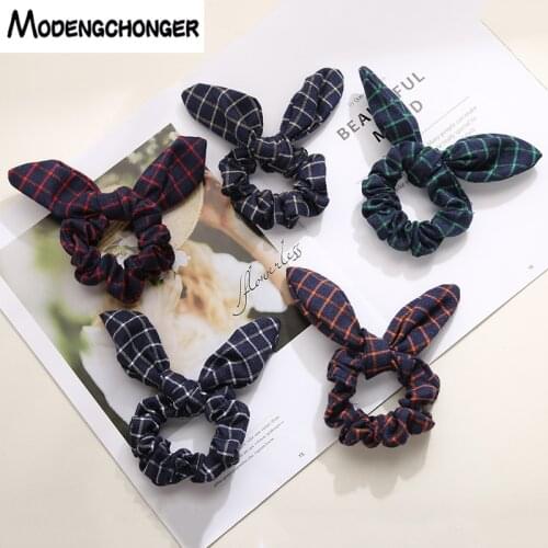 Hot Selling Scrunchie Women Bow Elastic lattice HeadBands Rabbit Ears Ponytail Sweet Hair Ties Cute Headwear Hair Accessories