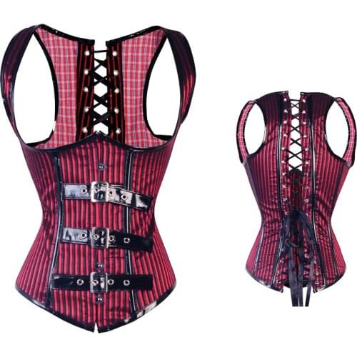 Wine Red Gothic Sexy Women Corset Bustier Striped Halloween Costume Lace Up Lingerie Underbust Top Body Shaper Waist Trainer