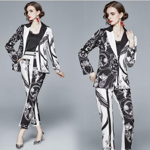 Spring Fall Runway 2 Piece 2pcs Womens Sets Vintage Floral Print Lapel Neck Long Sleeve Top Jacket Coat Pants Tracksuits Outfits