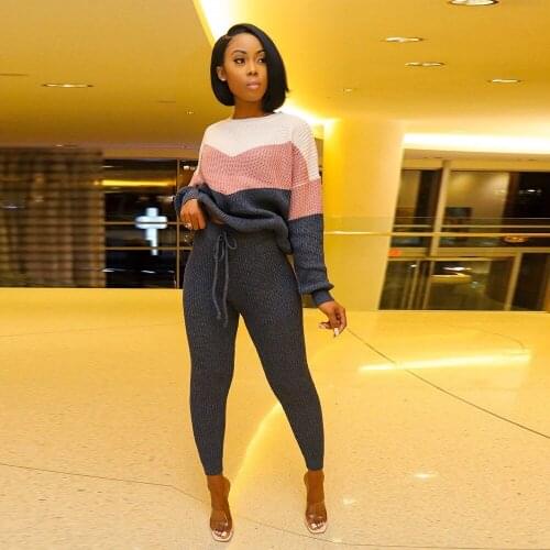 TWO PIECE SET Sweater Top Pants Long Sleeve Women Knitted Suit Outfits Patchwork Contrast Color Rib Tracksuit Female Winter 2 PC