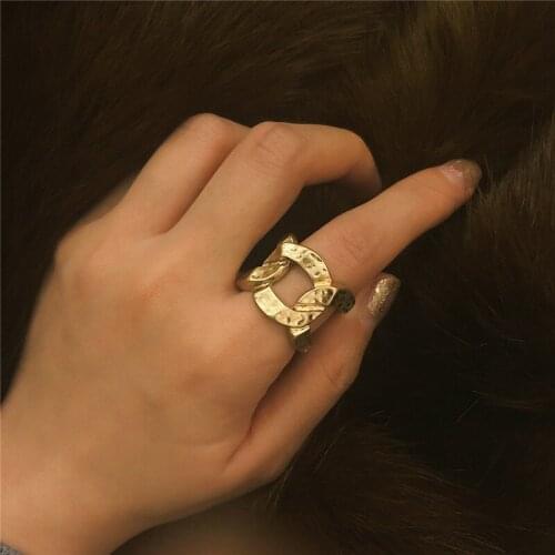 Vintage Punk Gold Thick Cuban Chain Ring For Women Retro Geometry Wild Square Strip Chain Double Layer Finger Rings Jewelry Gift