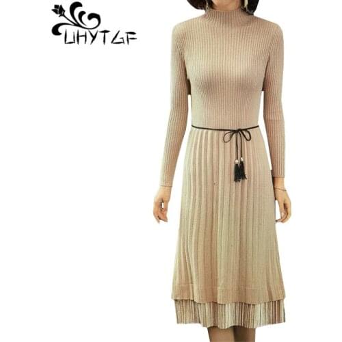 UHYTGF Loose plus size dress female knit turtleneck pullover autumn winter sweater dress women Elasticity Long sweater skirt1195