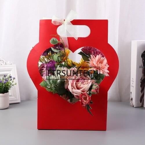 50Pcs/Lot Hand-held Love Flower Box With Handle Folding Paper Flower Bag Flower Shop Festival Flower Arrangement Box Wholesale