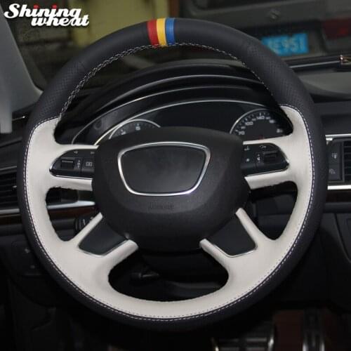 Shining wheat Black White Leather Car Steering Wheel Cover for Audi Q7 2012-2015 Q3 Q5 2013-2016 A4 (B8) 2014 2015 A6 (C7) 2014