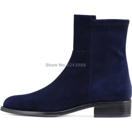 Concise Style Round Toe Flat Ankle Boots Dark Blue Suede Silp On Fashion Short Boots Autumn Winter Comfortable Women Shoes
