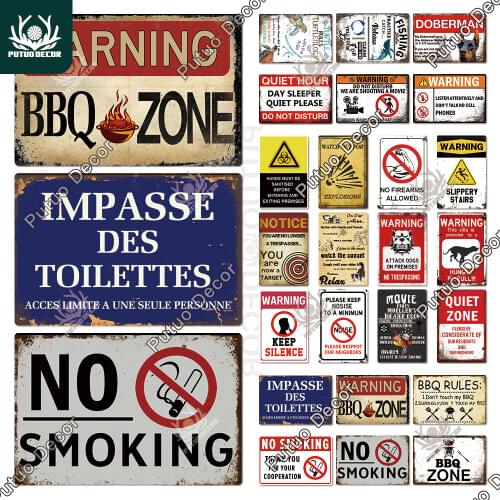 Putuo Decor Warning BBQ Sign No Smoking Vintage Tin Sign Decoration for Garage Quiet Zone Home Backyard Wall Decor